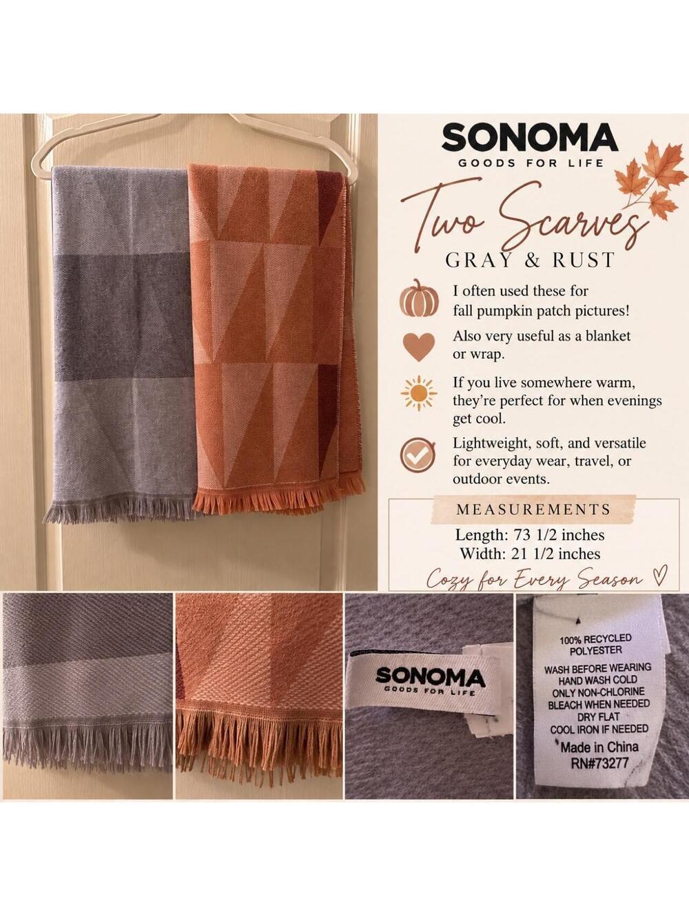 🍂 Two Sonoma Goods for Life Scarves – Gray & Rust/Terracotta